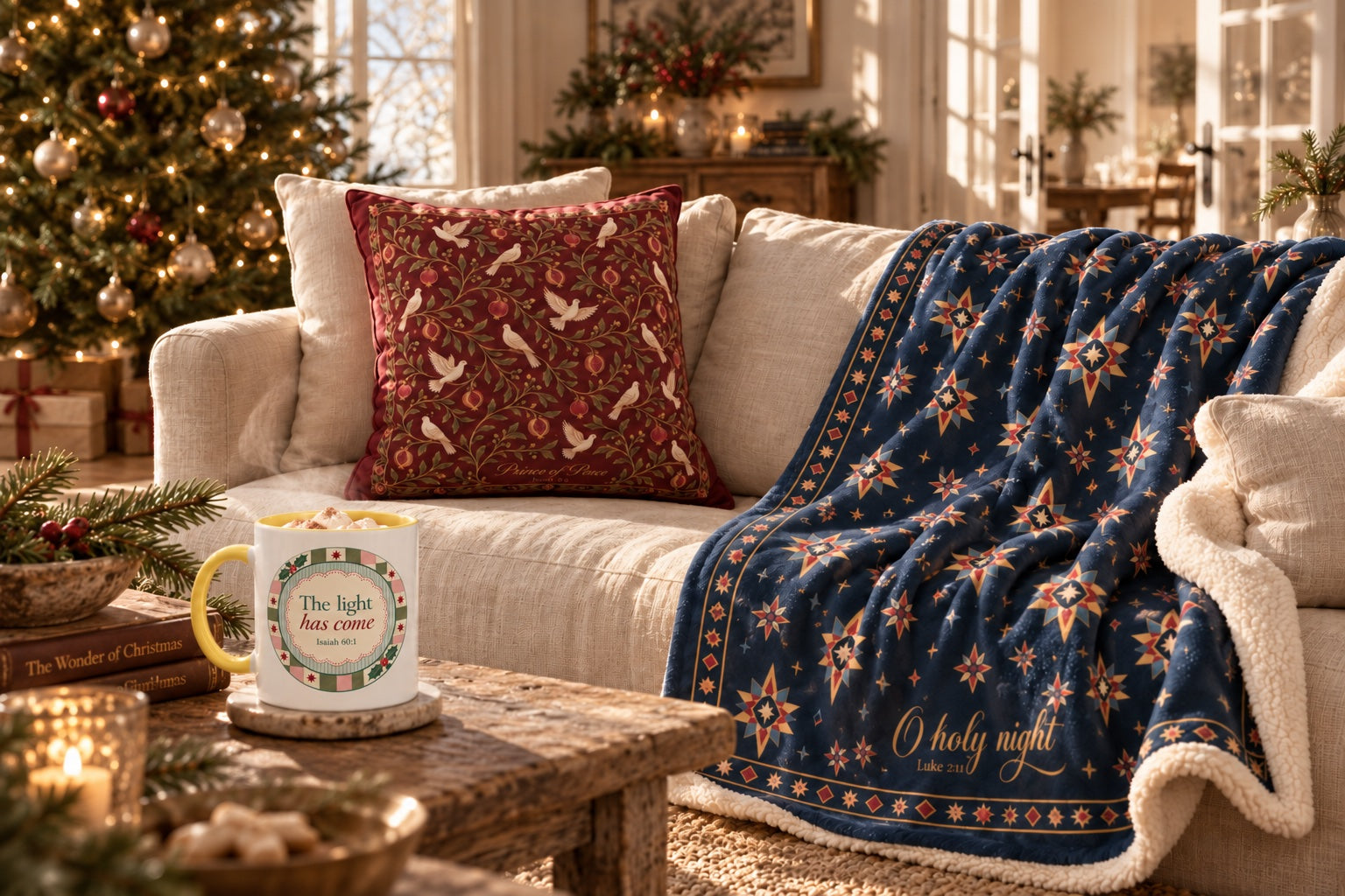 Prince of Peace pillow and O Holy Night blanket beside The Light Has Come mug in a warm Christmas living room