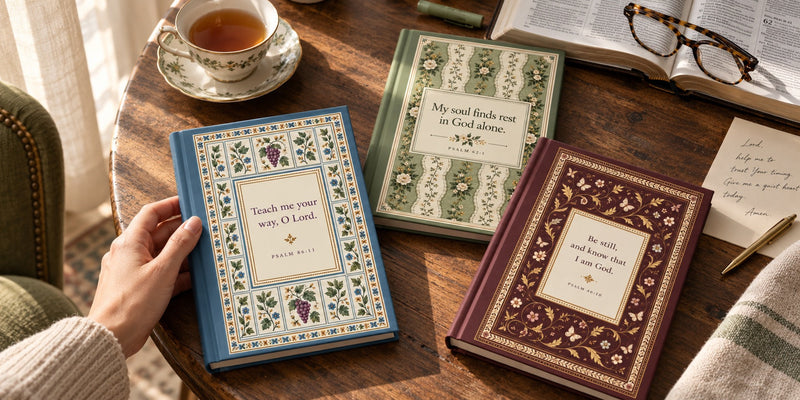 Floral Scripture journals beside an open Bible