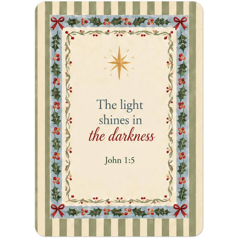 Front of The Light Shines Christmas postcard with John 1:5, green stripes, holly, red bows, and rounded corners