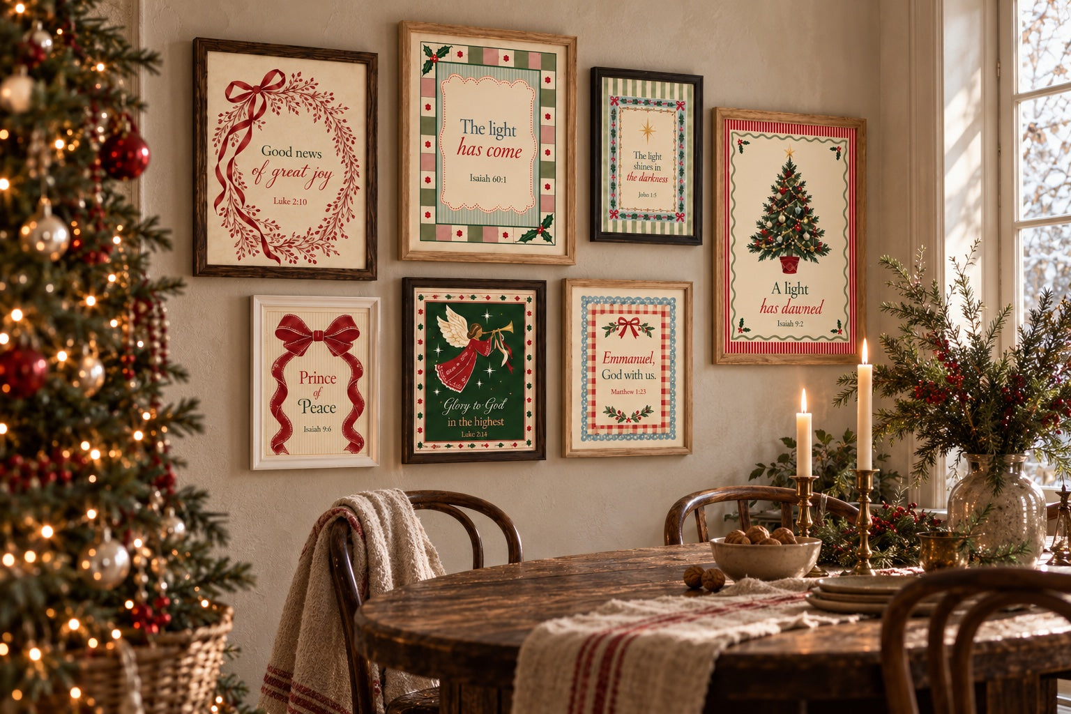 Christmas Scripture gallery with mixed wood, black and white frames beside a warmly lit dining table