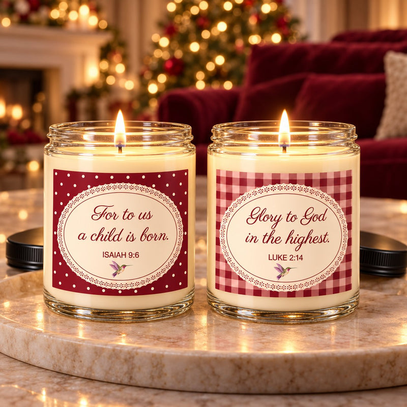 Christmas Joy candle duo lit in a Christmas living room