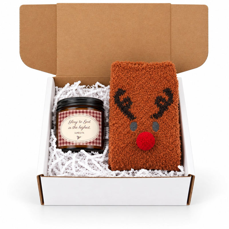 Christmas Joy — Cranberry Candle & Reindeer Socks Gift Set
