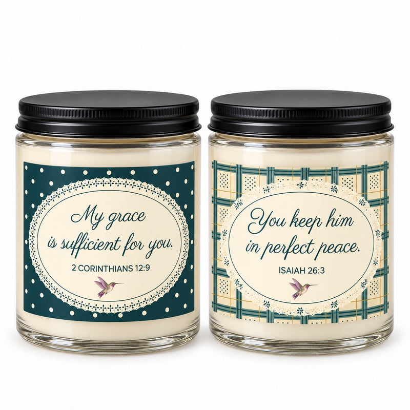 Grace & Peace teal candle duo with Scripture labels