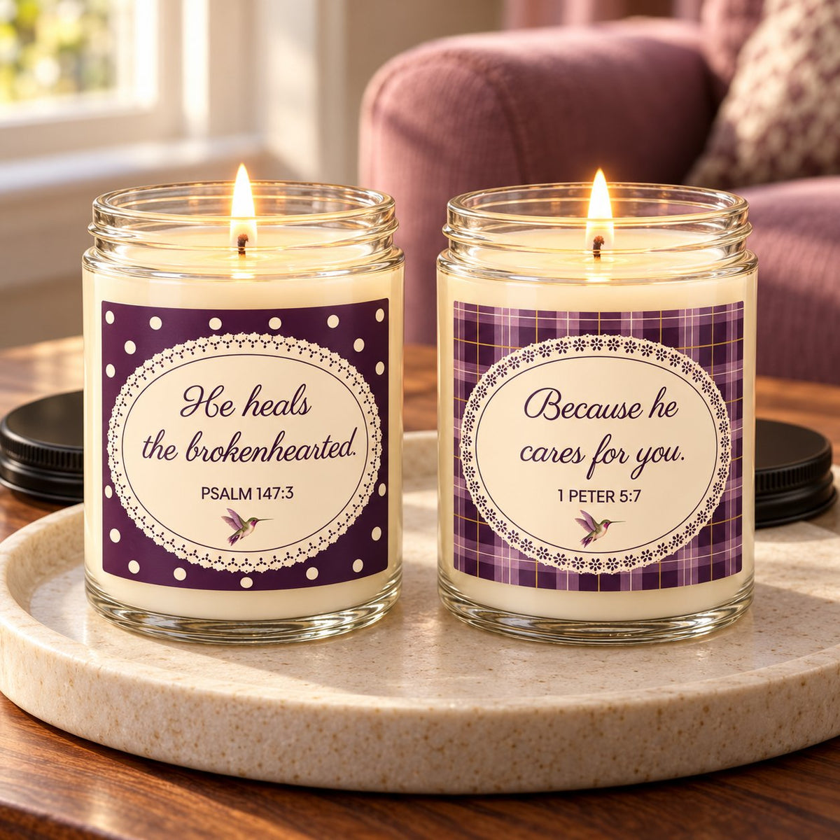 Healed & Cared candle duo lit on a stone tray