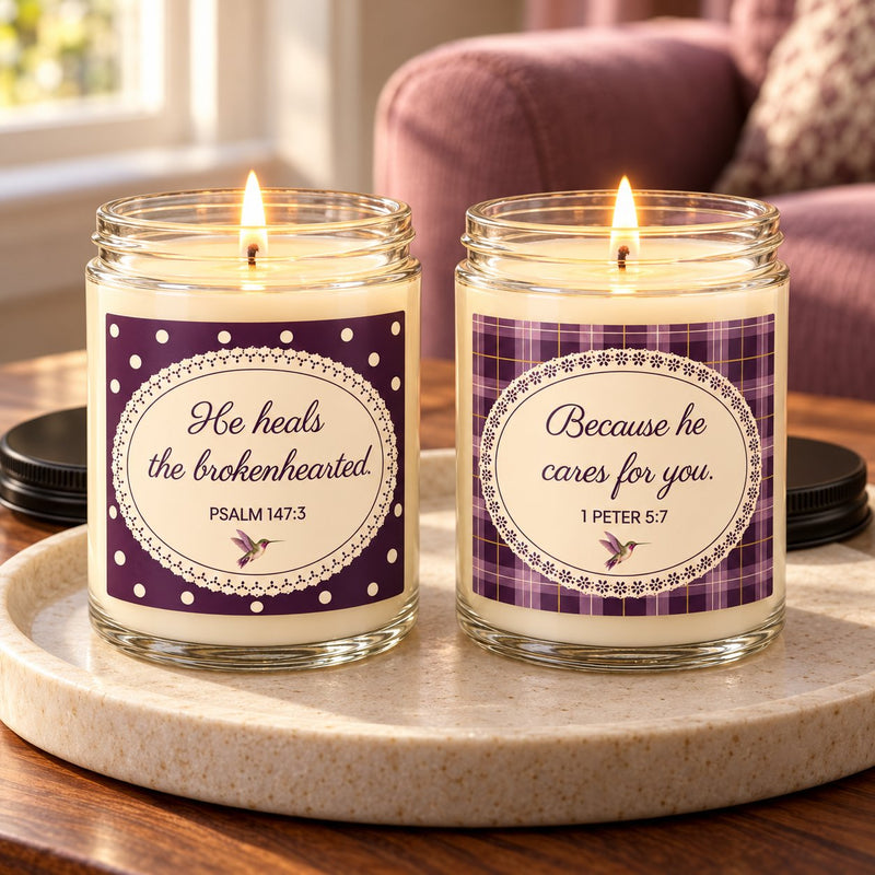 Healed & Cared candle duo lit on a stone tray