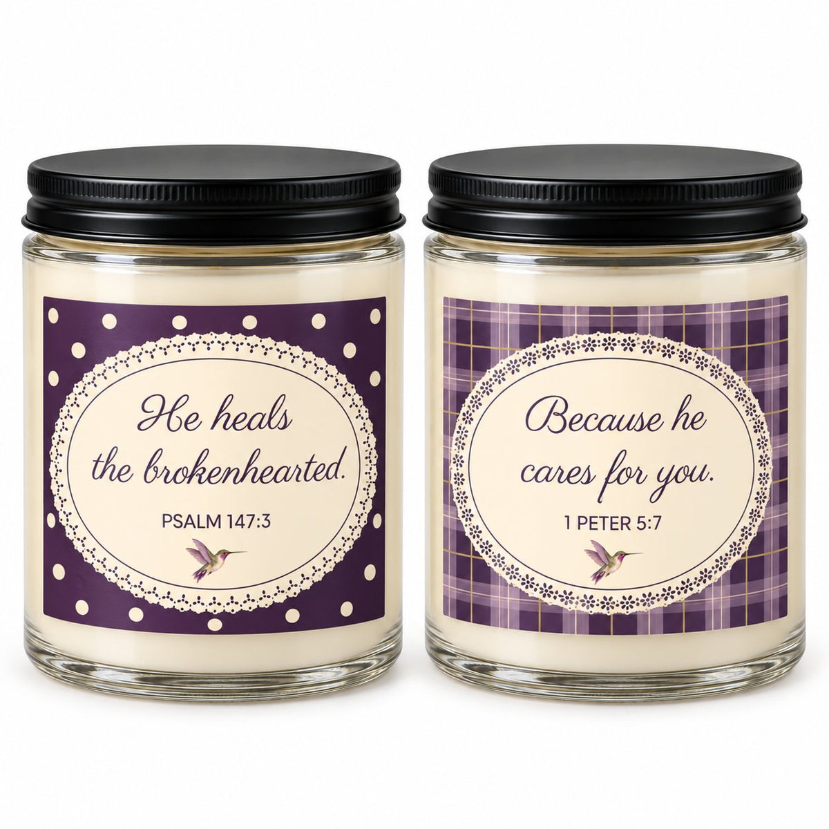 Healed & Cared plum candle duo with Scripture labels