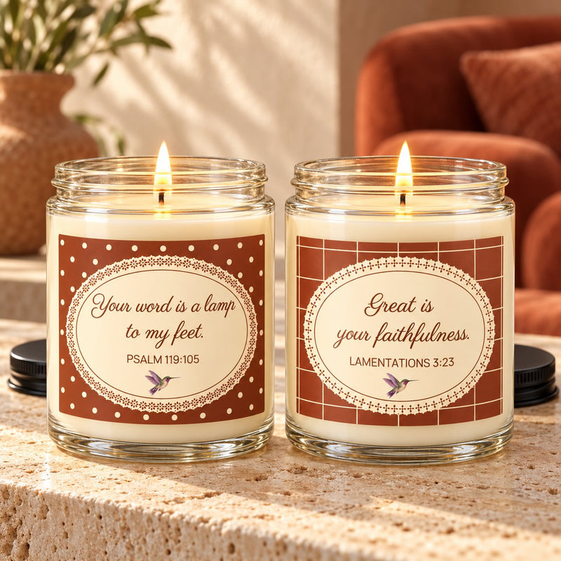 Light & Faithfulness candle duo lit on a travertine console