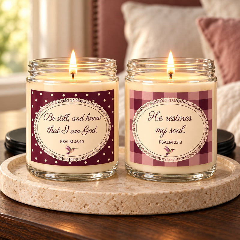 Still & Restored candle duo lit on a bedside console