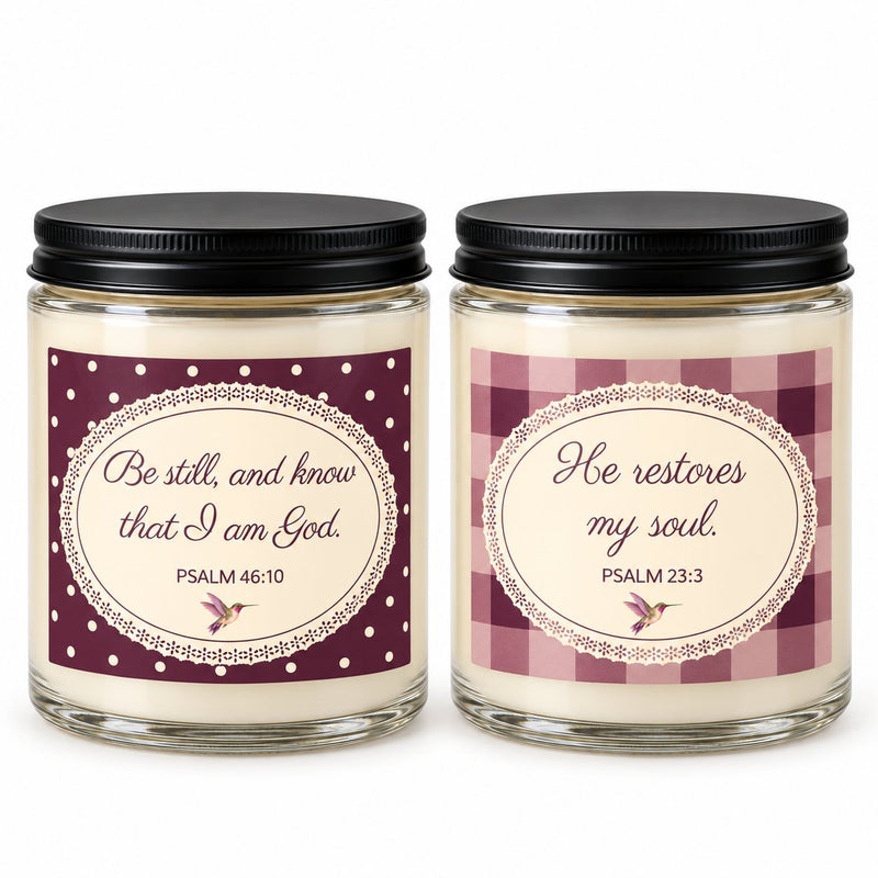 Still & Restored wine candle duo with Scripture labels